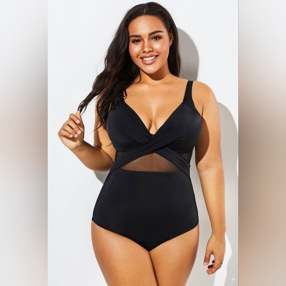 Meet Curve Black Cross Front Mesh One-piece Swimsuit, Size XL, NWT